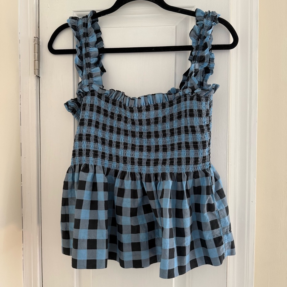 GANNI Blue Black Smocked Check Cotton Silk Peplum Top